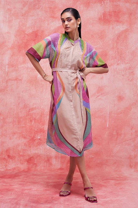 Pankaj & Nidhi Beige Cotton Silk Printed Graphic Landscape Round Dune Shirt Dress 