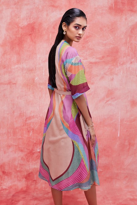 Shop_Pankaj & Nidhi_Beige Cotton, Silk Cut Work, Sequins Dune Graphic Landscape Print Shirt Dress _at_Aza_Fashions