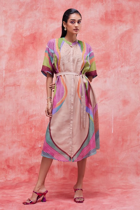 Pankaj & Nidhi_Beige Cotton, Silk Cut Work, Sequins Dune Graphic Landscape Print Shirt Dress _Online_at_Aza_Fashions