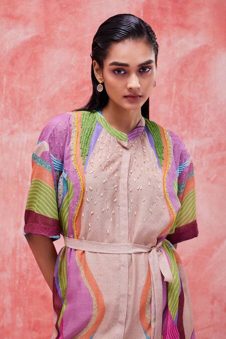 Buy_Pankaj & Nidhi_Beige Cotton, Silk Cut Work, Sequins Dune Graphic Landscape Print Shirt Dress _Online_at_Aza_Fashions