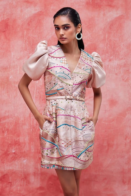 Pankaj & Nidhi Beige Satin Twill Printed Graphic Landscape V Dune Structured Dress 