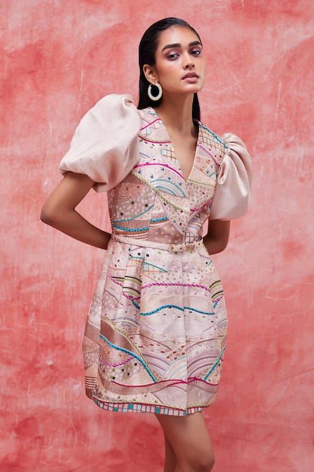 Buy_Pankaj & Nidhi_Beige Satin, Twill Sequins, Embroidery V-neck Dune Structured Printed Dress _Online_at_Aza_Fashions