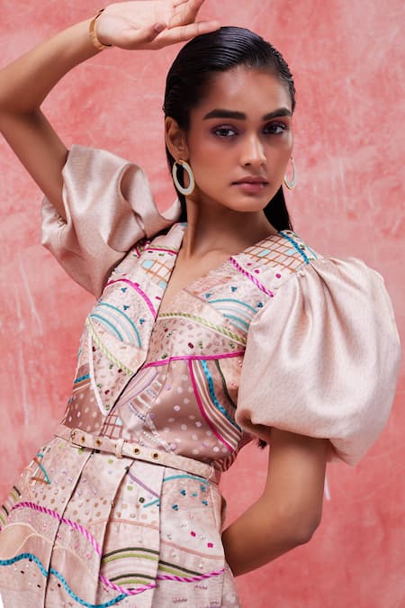 Shop_Pankaj & Nidhi_Beige Satin, Twill Sequins, Embroidery V-neck Dune Structured Printed Dress _Online_at_Aza_Fashions