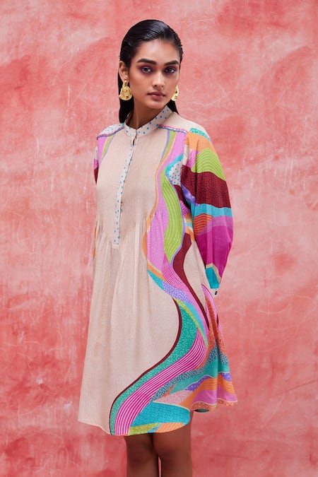 Pankaj & Nidhi Beige Silk Crepe Printed Graphic Landscape Dune Effortless Dress 