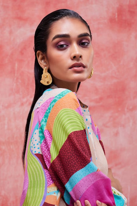 Shop_Pankaj & Nidhi_Beige Silk, Crepe Sequins, Embroidery Mandarin Dune Effortless Printed Dress _Online_at_Aza_Fashions