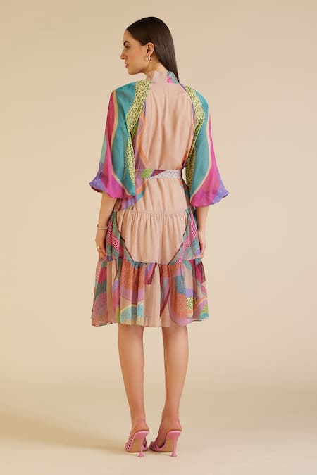 Shop_Pankaj & Nidhi_Beige Chiffon Mandarin Collar Dune Printed Tiered Dress _at_Aza_Fashions