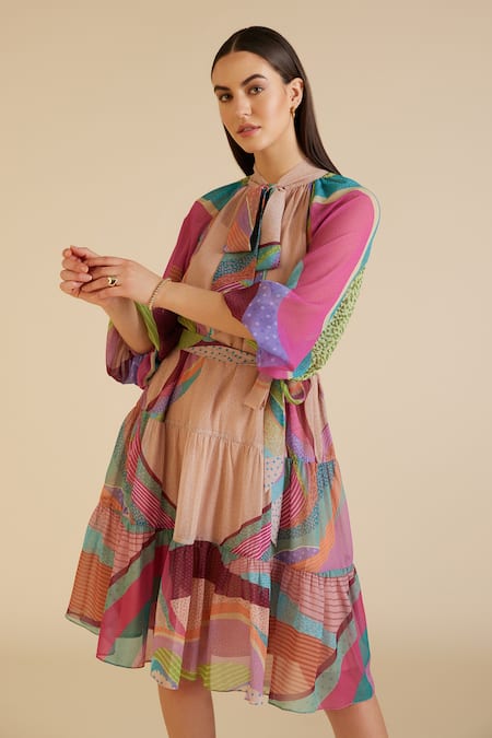Pankaj & Nidhi_Beige Chiffon Mandarin Collar Dune Printed Tiered Dress _Online_at_Aza_Fashions