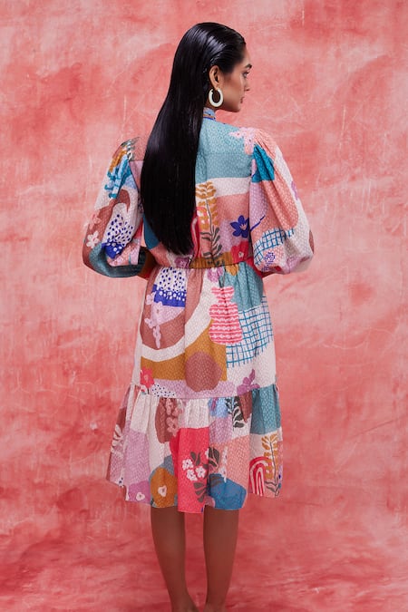 Shop Pankaj & Nidhi Yellow Chiffon Embroidery Mandarin Collar Faith Abstract Print Tiered Dress at Aza Fashions Shop_Pankaj & Nidhi_Yellow Chiffon Embroidery Mandarin Collar Faith Abstract Print Tiered Dress _at_Aza_Fashions