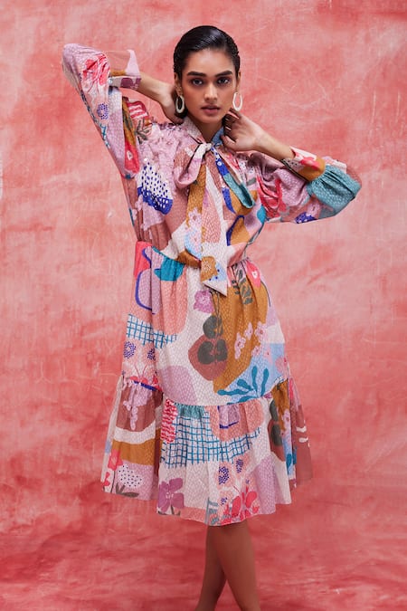 Buy Pankaj & Nidhi Yellow Chiffon Embroidery Mandarin Collar Faith Abstract Print Tiered Dress Online at Aza Fashions Buy_Pankaj & Nidhi_Yellow Chiffon Embroidery Mandarin Collar Faith Abstract Print Tiered Dress _Online_at_Aza_Fashions