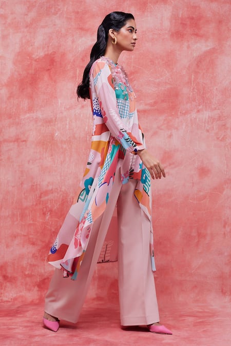 Pankaj & Nidhi_Yellow Silk, Crepe Embroidery Mandarin Faith Abstract Print High Low Tunic _Online_at_Aza_Fashions