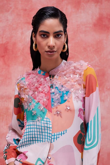 Buy_Pankaj & Nidhi_Yellow Silk, Crepe Embroidery Mandarin Faith Abstract Print High Low Tunic _Online_at_Aza_Fashions