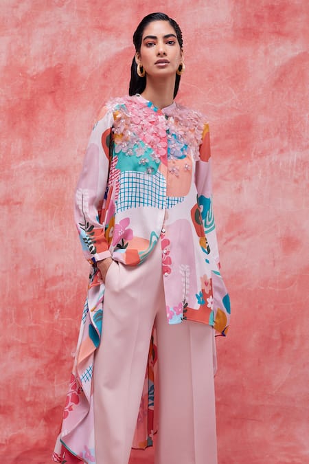 Shop_Pankaj & Nidhi_Yellow Silk, Crepe Embroidery Mandarin Faith Abstract Print High Low Tunic _Online_at_Aza_Fashions