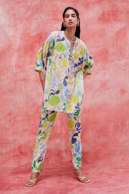 Pankaj & Nidhi Multi Color Silk Crepe Printed Floral Irene Breezy Tunic And Pant Set 
