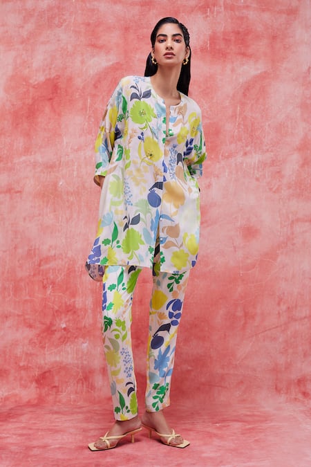 Pankaj & Nidhi_Multi Color , Satin, Crepe Irene Breezy Printed Tunic And Pant Set _Online_at_Aza_Fashions