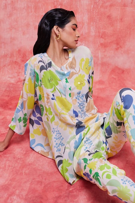 Pankaj & Nidhi_Multi Color , Satin, Crepe Irene Breezy Printed Tunic And Pant Set _at_Aza_Fashions