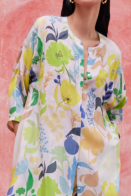 Pankaj & Nidhi_Multi Color Silk, Crepe Embroidery, Sequins Buttercup Lime Floral Print Tunic _Online_at_Aza_Fashions