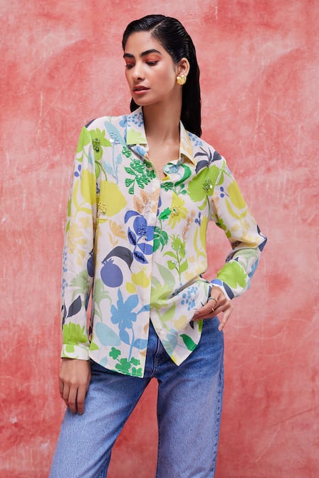 Pankaj & Nidhi Multi Color Silk Crepe Printed Floral Straight Irene Classic Shirt 