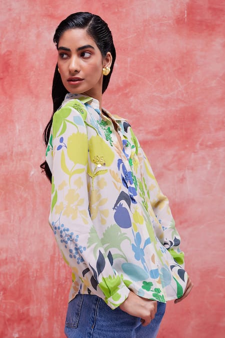 Buy_Pankaj & Nidhi_Multi Color Silk, Crepe Embroidery, Sequins Irene Floral Print Classic Shirt _Online_at_Aza_Fashions