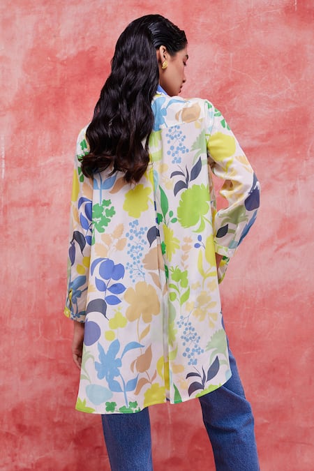 Shop_Pankaj & Nidhi_Multi Color Silk, Crepe Sequins, Embroidery Irene Vivid Floral Print Shirt _at_Aza_Fashions