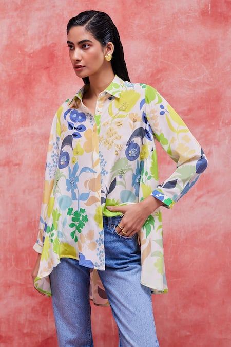 Pankaj & Nidhi_Multi Color Silk, Crepe Sequins, Embroidery Irene Vivid Floral Print Shirt _Online_at_Aza_Fashions