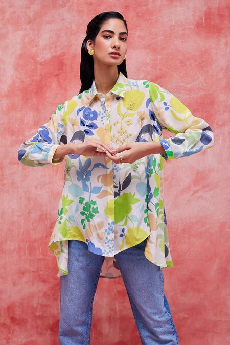 Buy_Pankaj & Nidhi_Multi Color Silk, Crepe Sequins, Embroidery Irene Vivid Floral Print Shirt _Online_at_Aza_Fashions