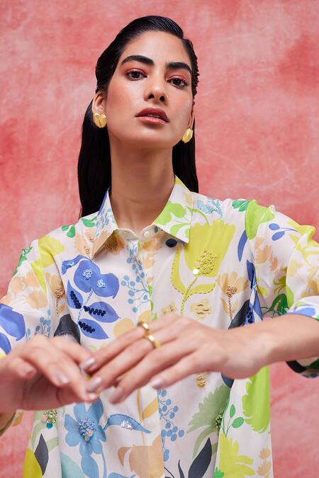 Shop_Pankaj & Nidhi_Multi Color Silk, Crepe Sequins, Embroidery Irene Vivid Floral Print Shirt _Online_at_Aza_Fashions