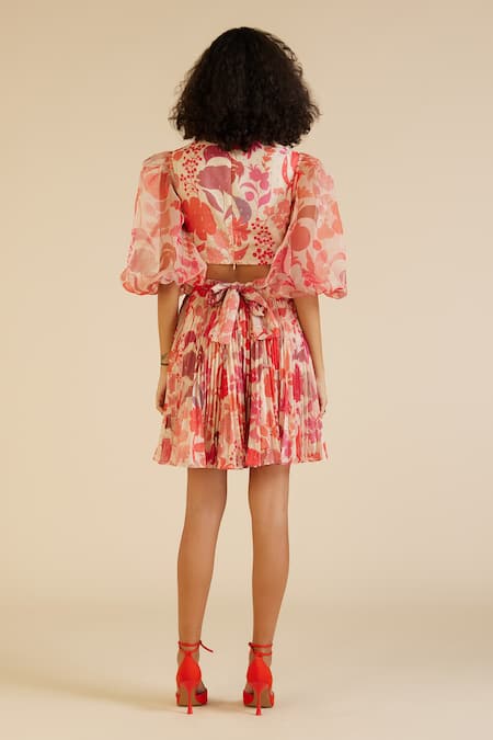 Shop Pankaj & Nidhi Beige Organza, Chiffon Sequins, Embroidery Irene Botanical Print Cut Work Dress at Aza Fashions Shop_Pankaj & Nidhi_Beige Organza, Chiffon Sequins, Embroidery Irene Botanical Print Cut Work Dress _at_Aza_Fashions