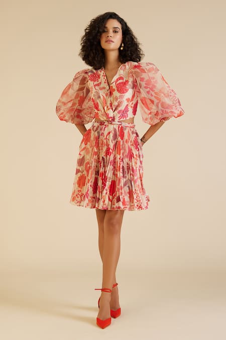 Pankaj & Nidhi Beige Organza, Chiffon Sequins, Embroidery Irene Botanical Print Cut Work Dress Online at Aza Fashions Pankaj & Nidhi_Beige Organza, Chiffon Sequins, Embroidery Irene Botanical Print Cut Work Dress _Online_at_Aza_Fashions