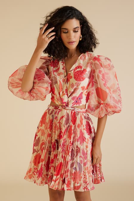 Buy Pankaj & Nidhi Beige Organza, Chiffon Sequins, Embroidery Irene Botanical Print Cut Work Dress Online at Aza Fashions Buy_Pankaj & Nidhi_Beige Organza, Chiffon Sequins, Embroidery Irene Botanical Print Cut Work Dress _Online_at_Aza_Fashions