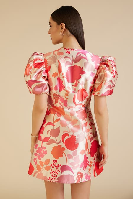 Shop Pankaj & Nidhi Beige Satin, Twill Sequins V-neck Irene Printed A-line Dress at Aza Fashions Shop_Pankaj & Nidhi_Beige Satin, Twill Sequins V-neck Irene Printed A-line Dress _at_Aza_Fashions