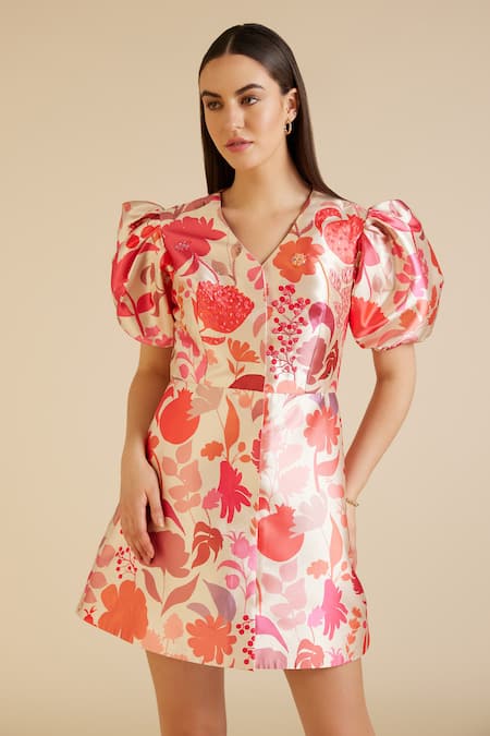 Pankaj & Nidhi Beige Satin, Twill Sequins V-neck Irene Printed A-line Dress Online at Aza Fashions Pankaj & Nidhi_Beige Satin, Twill Sequins V-neck Irene Printed A-line Dress _Online_at_Aza_Fashions