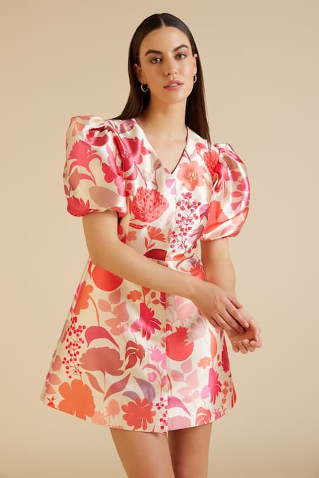 Buy Pankaj & Nidhi Beige Satin, Twill Sequins V-neck Irene Printed A-line Dress Online at Aza Fashions Buy_Pankaj & Nidhi_Beige Satin, Twill Sequins V-neck Irene Printed A-line Dress _Online_at_Aza_Fashions