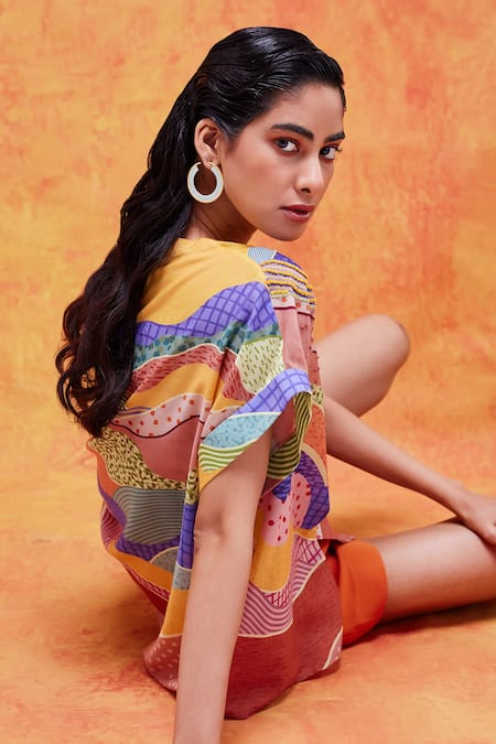 Pankaj & Nidhi_Yellow Cotton, Silk Sequins, Embroidery Round Iris Tuscan Sunburst Print Top _Online_at_Aza_Fashions