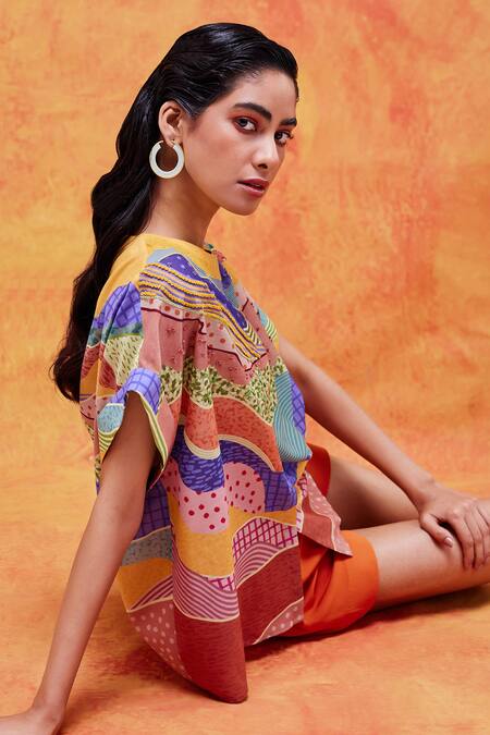 Buy_Pankaj & Nidhi_Yellow Cotton, Silk Sequins, Embroidery Round Iris Tuscan Sunburst Print Top _Online_at_Aza_Fashions