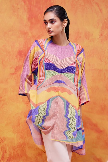 Pankaj & Nidhi Yellow Cotton Silk Printed And Embellished Tuscan Sunburst Iris Tunic  