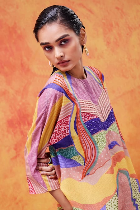 Pankaj & Nidhi_Yellow Cotton, Silk Sequins, Embroidery Round Iris Tuscan Sunburst Print Tunic _Online_at_Aza_Fashions