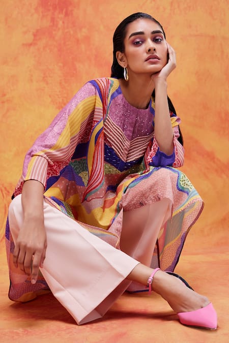 Buy_Pankaj & Nidhi_Yellow Cotton, Silk Sequins, Embroidery Round Iris Tuscan Sunburst Print Tunic _Online_at_Aza_Fashions