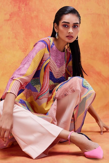 Shop_Pankaj & Nidhi_Yellow Cotton, Silk Sequins, Embroidery Round Iris Tuscan Sunburst Print Tunic _Online_at_Aza_Fashions