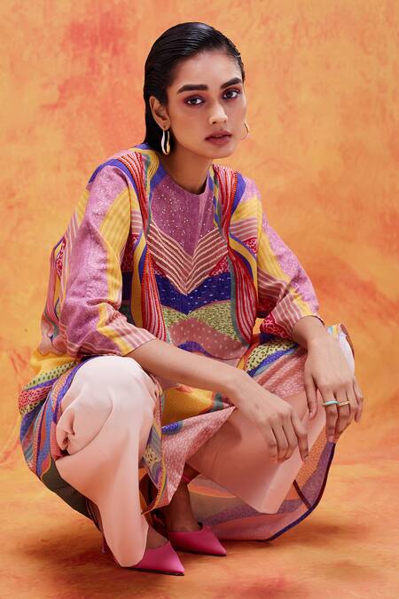 Pankaj & Nidhi_Yellow Cotton, Silk Sequins, Embroidery Round Iris Tuscan Sunburst Print Tunic _at_Aza_Fashions