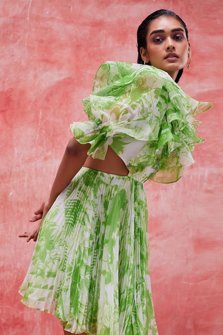 Buy Pankaj & Nidhi Green Organza, Chiffon Sequins Plunge Neck Jane Printed And Yoke Embellished Dress Online at Aza Fashions Buy_Pankaj & Nidhi_Green Organza, Chiffon Sequins Plunge Neck Jane Printed And Yoke Embellished Dress _Online_at_Aza_Fashions