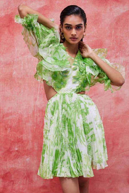 Shop Pankaj & Nidhi Green Organza, Chiffon Sequins Plunge Neck Jane Printed And Yoke Embellished Dress Online at Aza Fashions Shop_Pankaj & Nidhi_Green Organza, Chiffon Sequins Plunge Neck Jane Printed And Yoke Embellished Dress _Online_at_Aza_Fashions