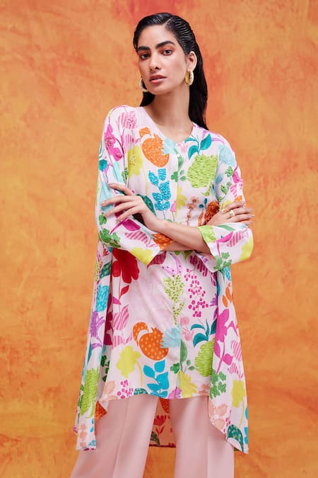 Pankaj & Nidhi_Ivory Silk, Crepe Sequins Round Neck Joyce Vivid Floral Print Tunic _Online_at_Aza_Fashions