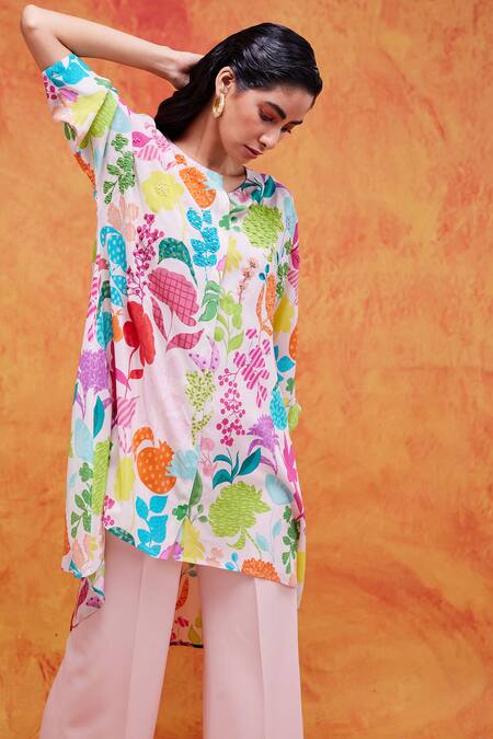 Buy_Pankaj & Nidhi_Ivory Silk, Crepe Sequins Round Neck Joyce Vivid Floral Print Tunic _Online_at_Aza_Fashions