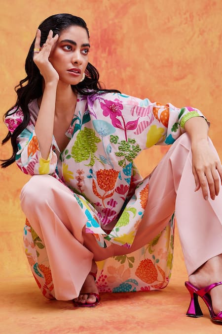 Shop_Pankaj & Nidhi_Ivory Silk, Crepe Sequins Round Neck Joyce Vivid Floral Print Tunic _Online_at_Aza_Fashions