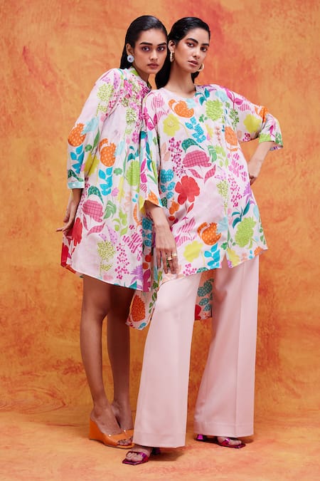 Pankaj & Nidhi_Ivory Silk, Crepe Sequins Round Neck Joyce Vivid Floral Print Tunic _at_Aza_Fashions
