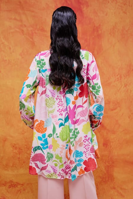 Shop Pankaj & Nidhi Ivory Silk, Crepe Sequins Collared Joyce Vivid Floral Print Shirt at Aza Fashions Shop_Pankaj & Nidhi_Ivory Silk, Crepe Sequins Collared Joyce Vivid Floral Print Shirt _at_Aza_Fashions