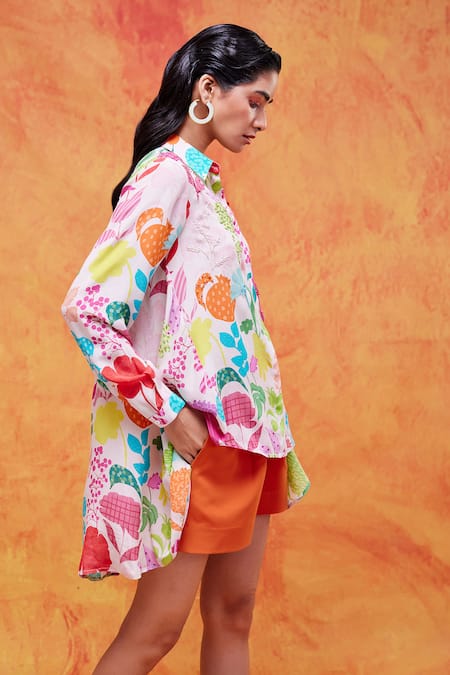 Pankaj & Nidhi Ivory Silk, Crepe Sequins Collared Joyce Vivid Floral Print Shirt Online at Aza Fashions Pankaj & Nidhi_Ivory Silk, Crepe Sequins Collared Joyce Vivid Floral Print Shirt _Online_at_Aza_Fashions