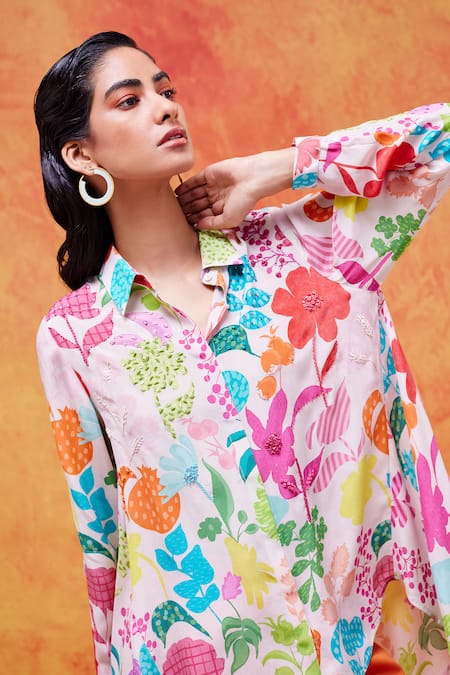 Buy Pankaj & Nidhi Ivory Silk, Crepe Sequins Collared Joyce Vivid Floral Print Shirt Online at Aza Fashions Buy_Pankaj & Nidhi_Ivory Silk, Crepe Sequins Collared Joyce Vivid Floral Print Shirt _Online_at_Aza_Fashions