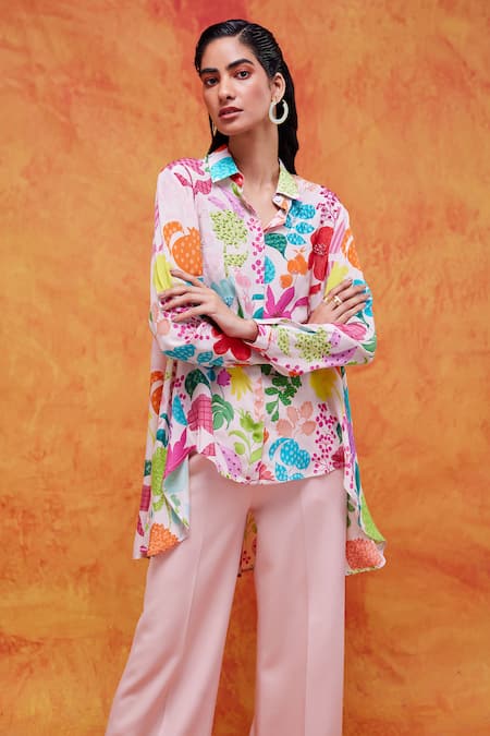 Shop Pankaj & Nidhi Ivory Silk, Crepe Sequins Collared Joyce Vivid Floral Print Shirt Online at Aza Fashions Shop_Pankaj & Nidhi_Ivory Silk, Crepe Sequins Collared Joyce Vivid Floral Print Shirt _Online_at_Aza_Fashions
