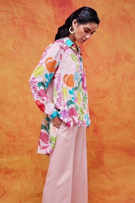 Pankaj & Nidhi Ivory Silk, Crepe Sequins Collared Joyce Vivid Floral Print Shirt at Aza Fashions Pankaj & Nidhi_Ivory Silk, Crepe Sequins Collared Joyce Vivid Floral Print Shirt _at_Aza_Fashions